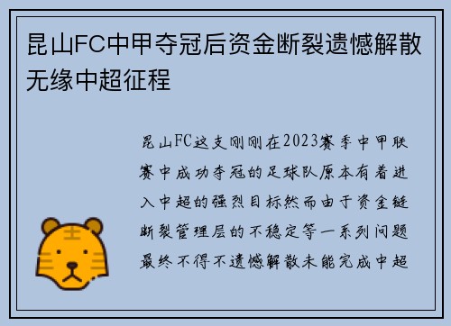 昆山FC中甲夺冠后资金断裂遗憾解散无缘中超征程